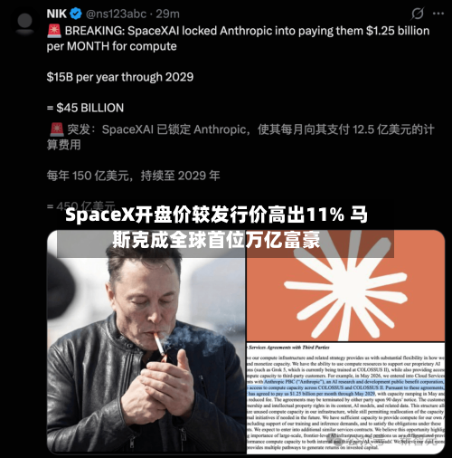 SpaceX开盘价较发行价高出11% 马斯克成全球首位万亿富豪