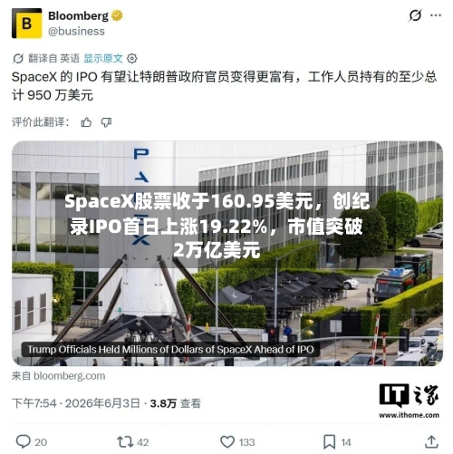 SpaceX股票收于160.95美元，创纪录IPO首日上涨19.22%，市值突破2万亿美元