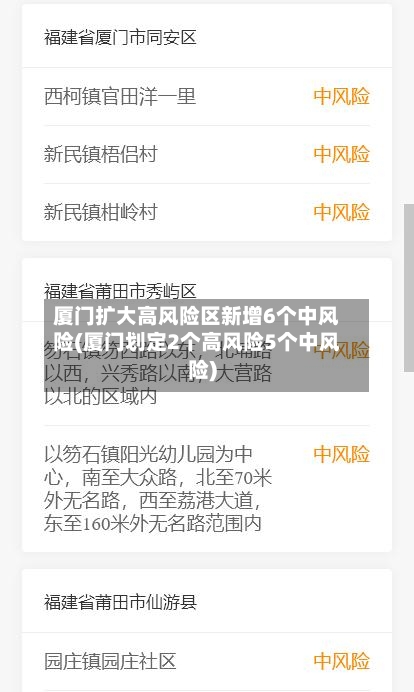 厦门扩大高风险区新增6个中风险(厦门划定2个高风险5个中风险)