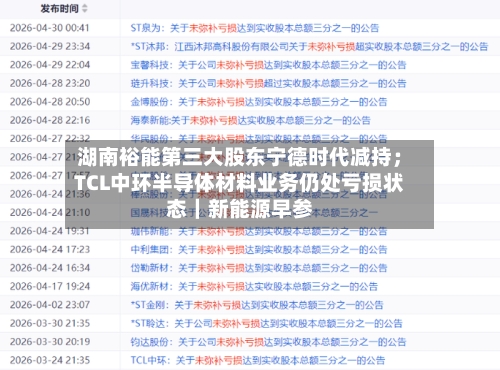 湖南裕能第三大股东宁德时代减持；TCL中环半导体材料业务仍处亏损状态｜新能源早参