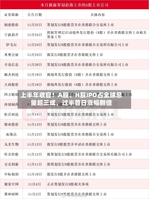 上半年收官！A股	、H股IPO占全球总量超三成，过半首日涨幅翻倍-第3张图片