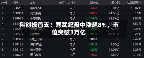 科创板首支！寒武纪盘中涨超8%，市值突破1万亿