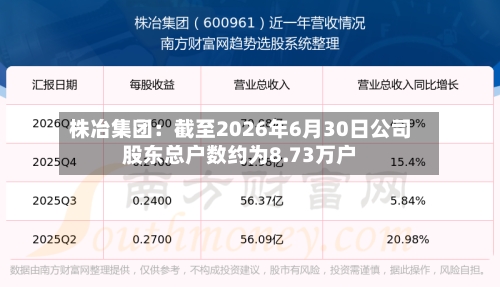 株冶集团：截至2026年6月30日公司股东总户数约为8.73万户