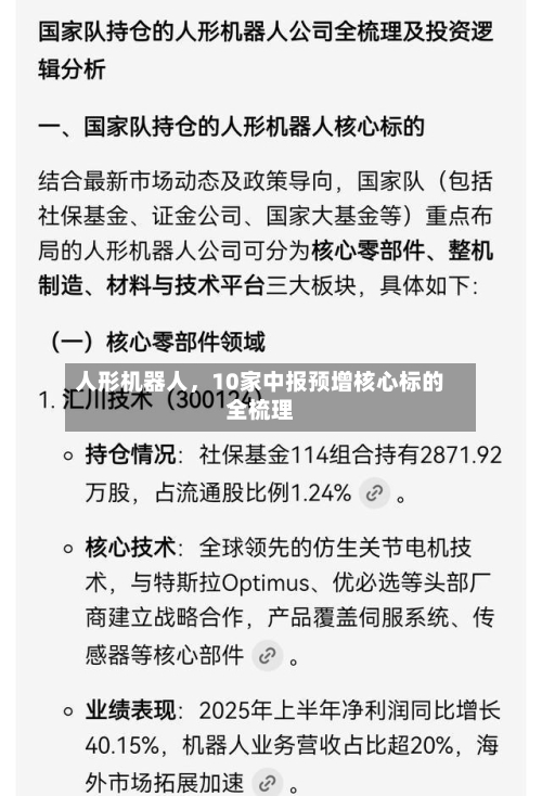 人形机器人，10家中报预增核心标的全梳理