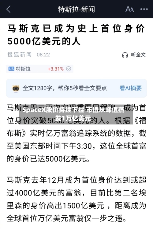 SpaceX股价持续下挫 市值从峰值蒸发1万亿美元