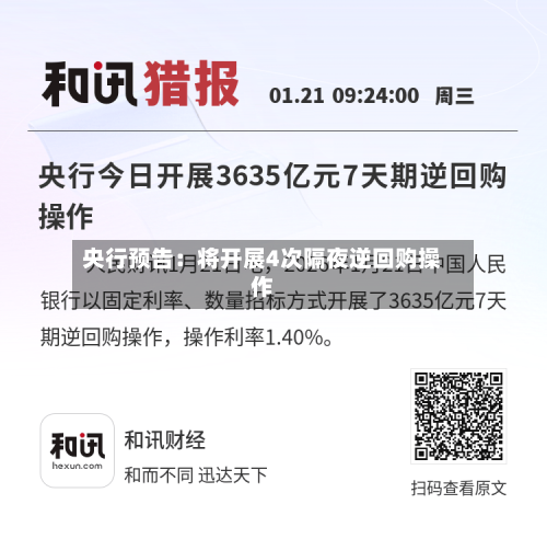 央行预告：将开展4次隔夜逆回购操作
