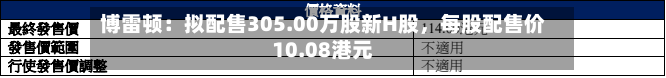 博雷顿：拟配售305.00万股新H股，每股配售价10.08港元