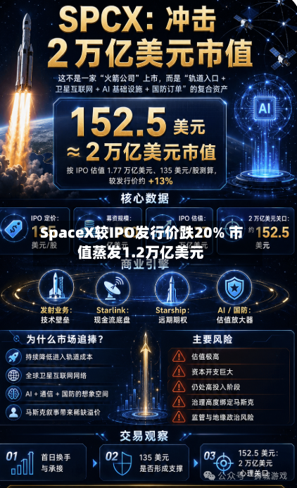 SpaceX较IPO发行价跌20% 市值蒸发1.2万亿美元