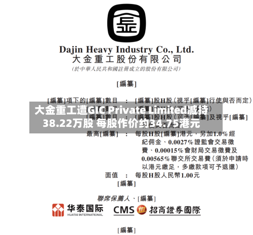 大金重工遭GIC Private Limited减持38.22万股 每股作价约34.75港元-第2张图片