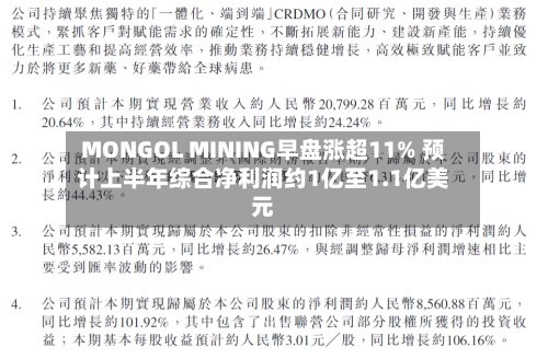 MONGOL MINING早盘涨超11% 预计上半年综合净利润约1亿至1.1亿美元-第3张图片