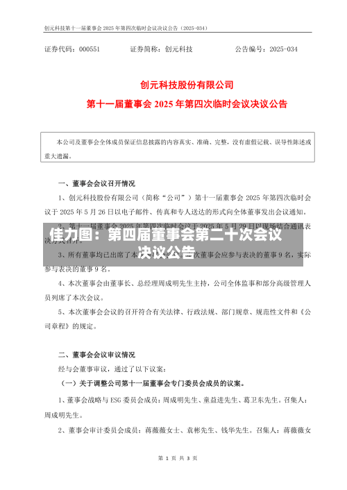 佳力图：第四届董事会第二十次会议决议公告