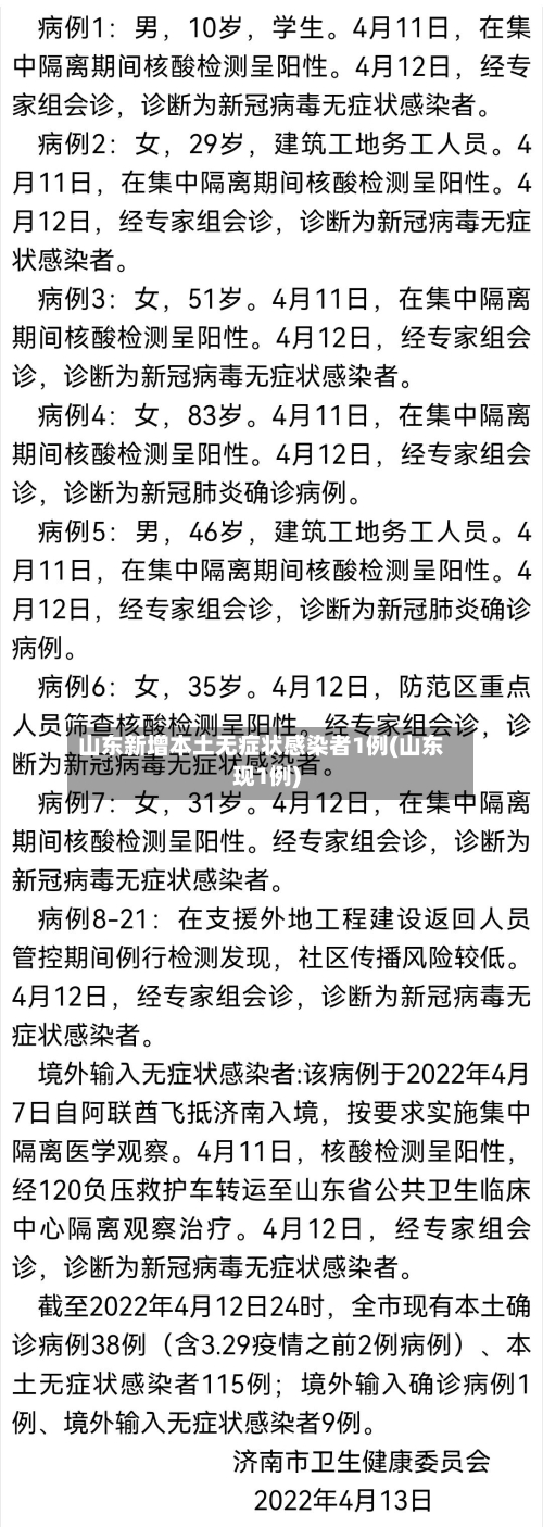 山东新增本土无症状感染者1例(山东现1例)