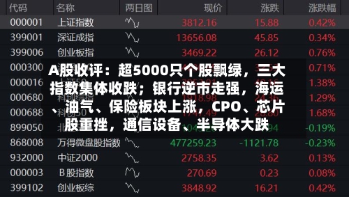 A股收评：超5000只个股飘绿，三大指数集体收跌；银行逆市走强，海运、油气、保险板块上涨，CPO、芯片股重挫，通信设备、半导体大跌
