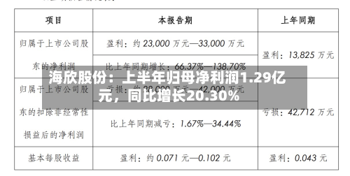 海欣股份：上半年归母净利润1.29亿元，同比增长20.30%