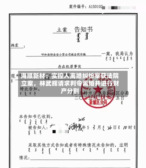 海顺新材：实控人离婚纠纷案获法院立案，林武辉请求判令离婚并进行财产分割-第2张图片