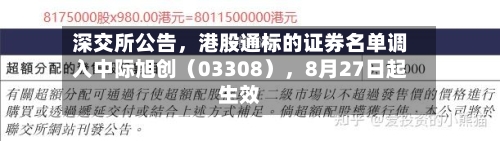 深交所公告，港股通标的证券名单调入中际旭创（03308），8月27日起生效